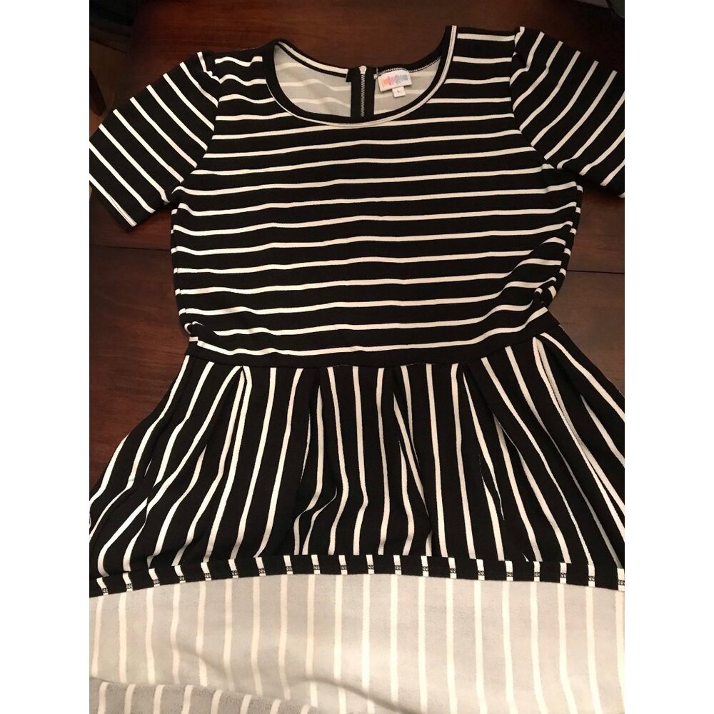 Lularoe Short Sleeved Midi Fit and Flare Black and White Striped Dress  L